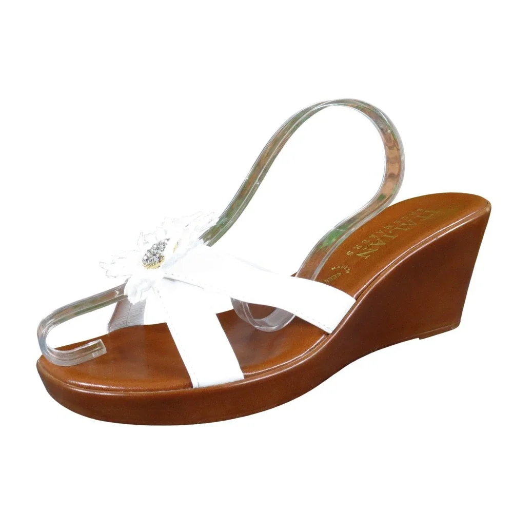 Italian Shoemakers Womens Floral‎ Wedge Sandals Size 8 Summer Slide White Brown